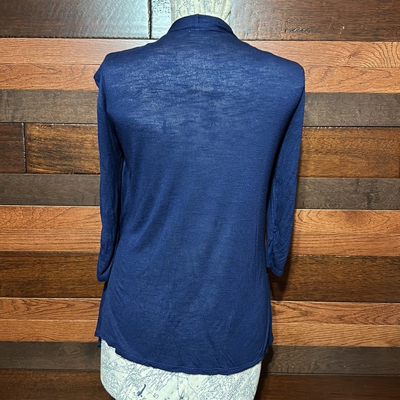 Le Rouge Stretchy Scoop Neck Long Sleeve Navy and White Built in Cardigan Blouse - Picture 7 of 9